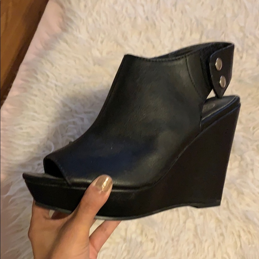 Black leather wedges